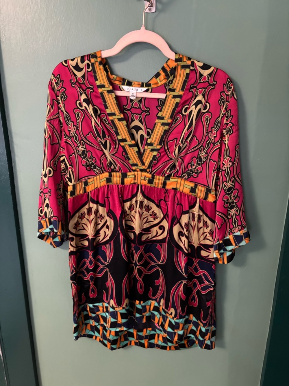 CAbi Fuchsia & Black Geometric Floral V-Neck Tunic